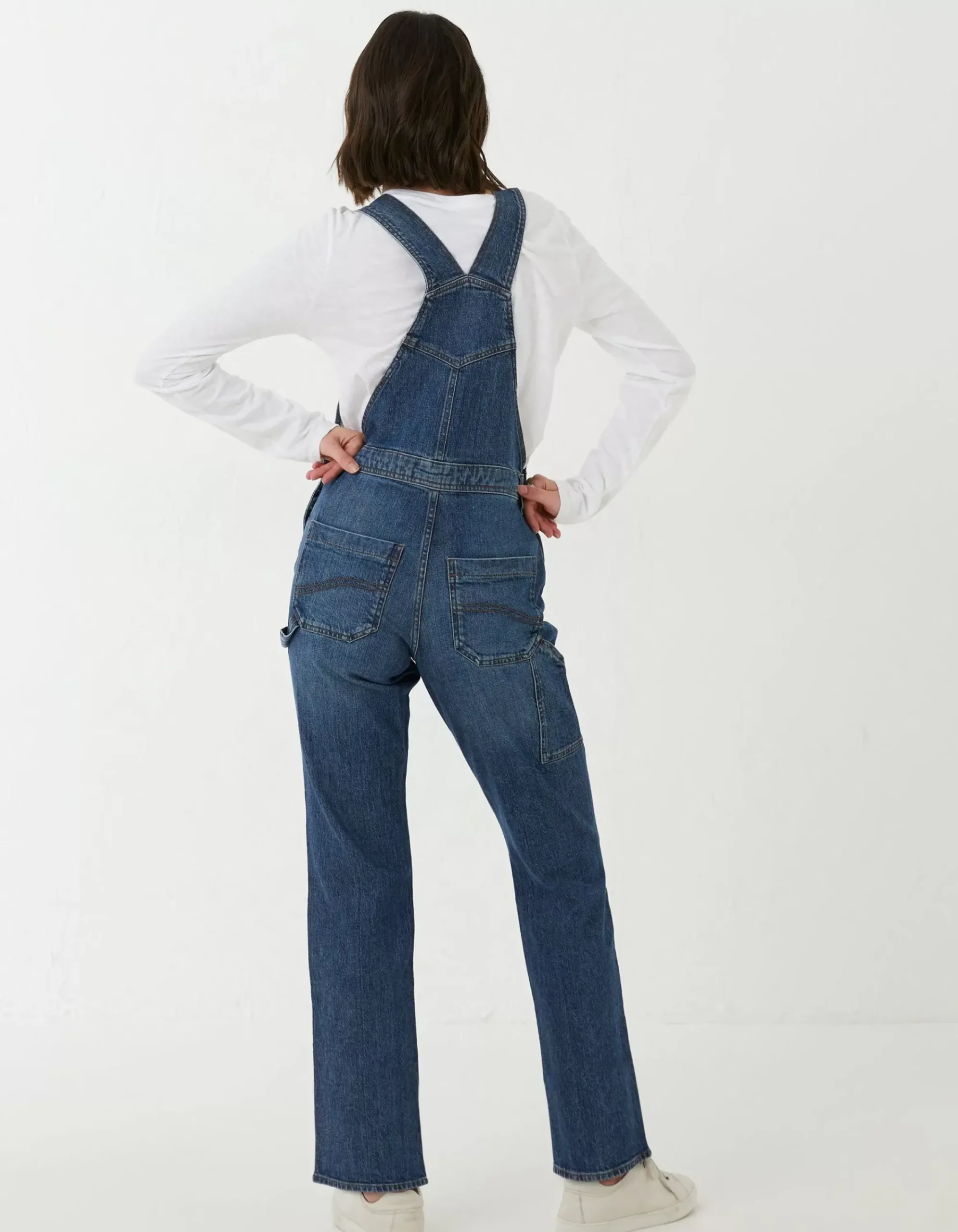 FatFace Banbury Straight Leg Denim Dungarees Mid Blue Outlet