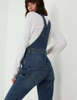 FatFace Banbury Straight Leg Denim Dungarees Mid Blue Outlet
