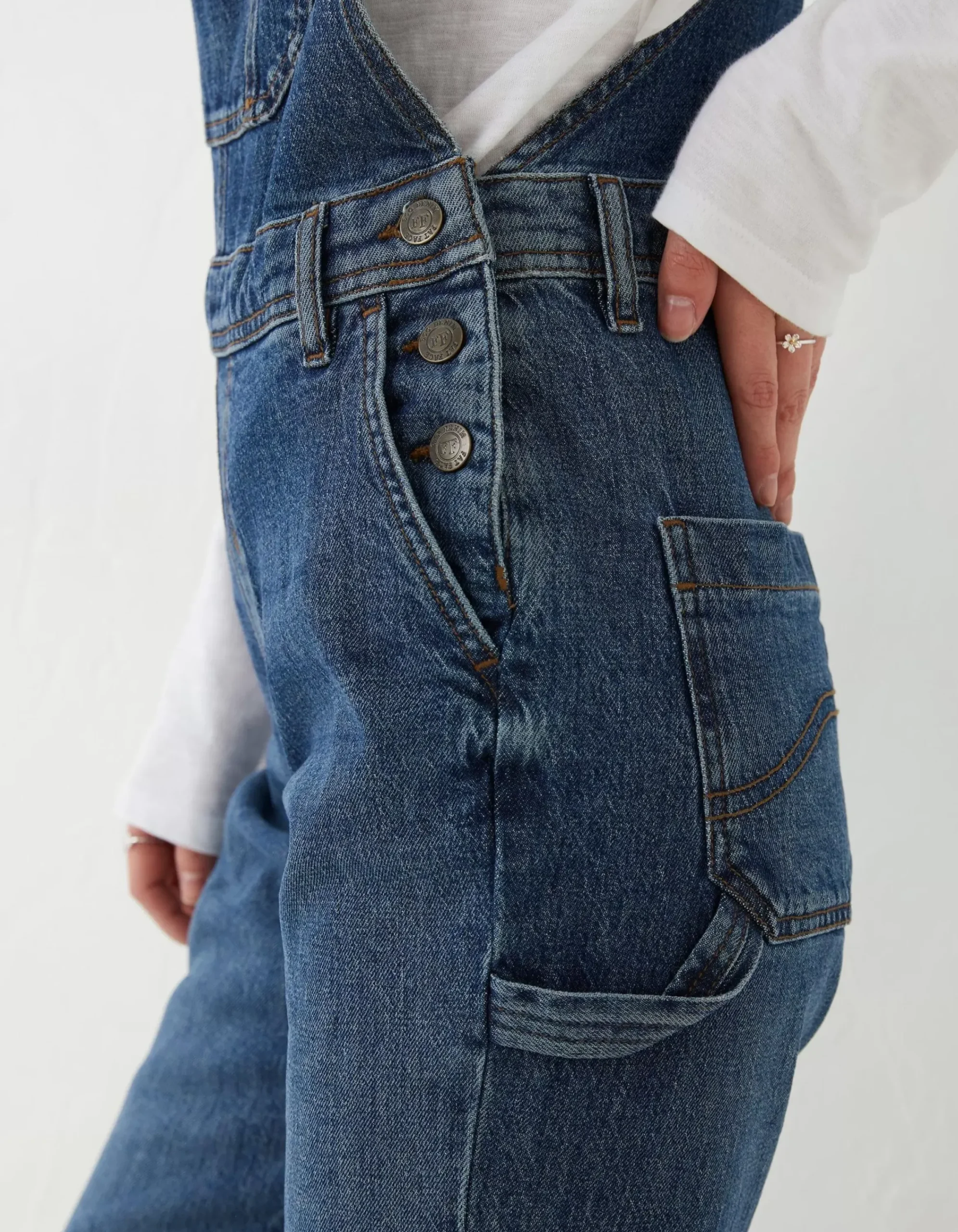 FatFace Banbury Straight Leg Denim Dungarees Mid Blue Outlet
