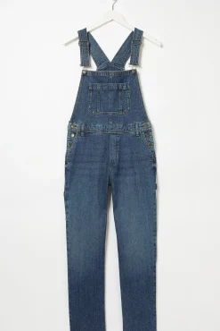 FatFace Banbury Straight Leg Denim Dungarees Mid Blue Outlet