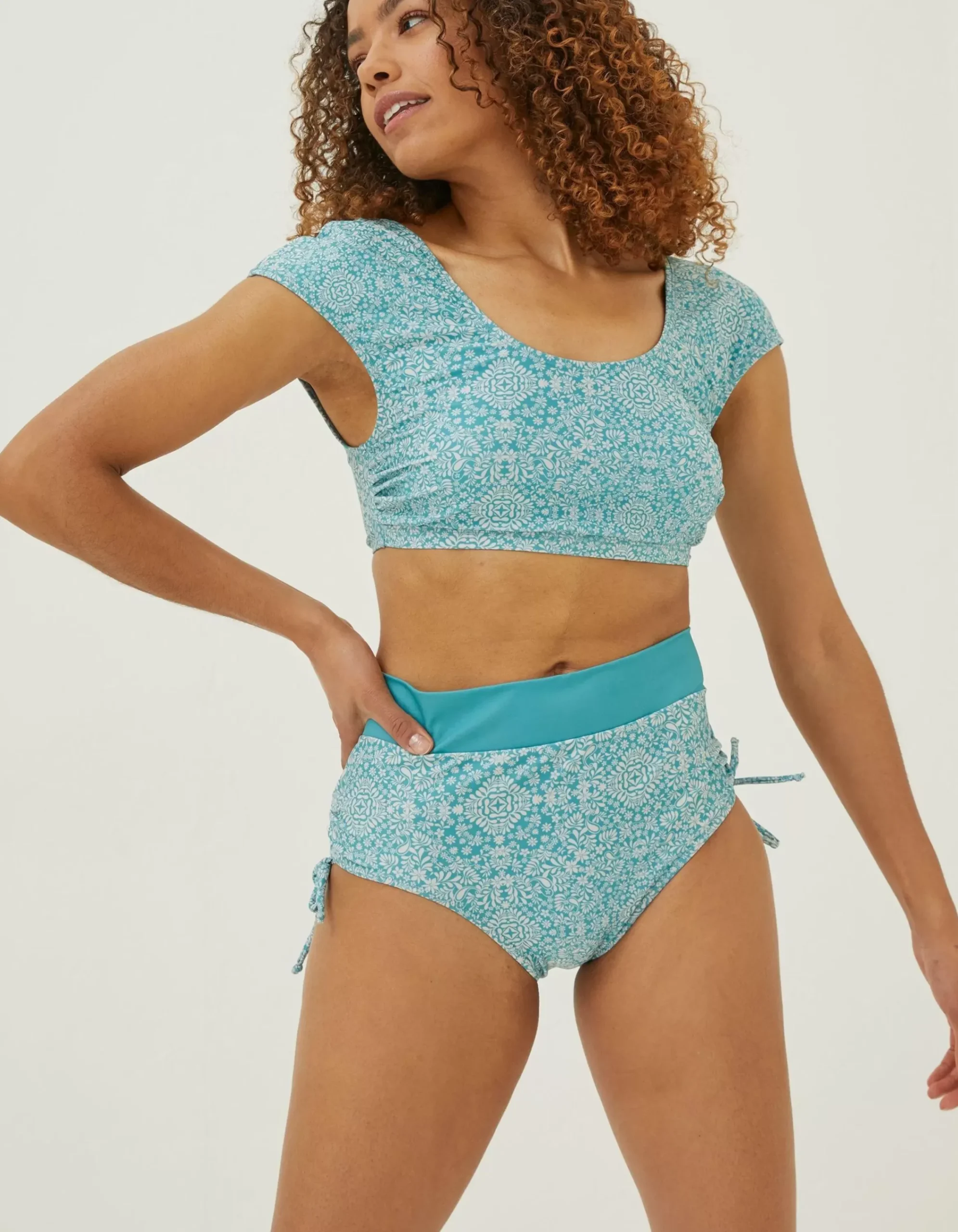 FatFace Bandana Cap Sleeve Bikini Top Turquoise Blue Hot