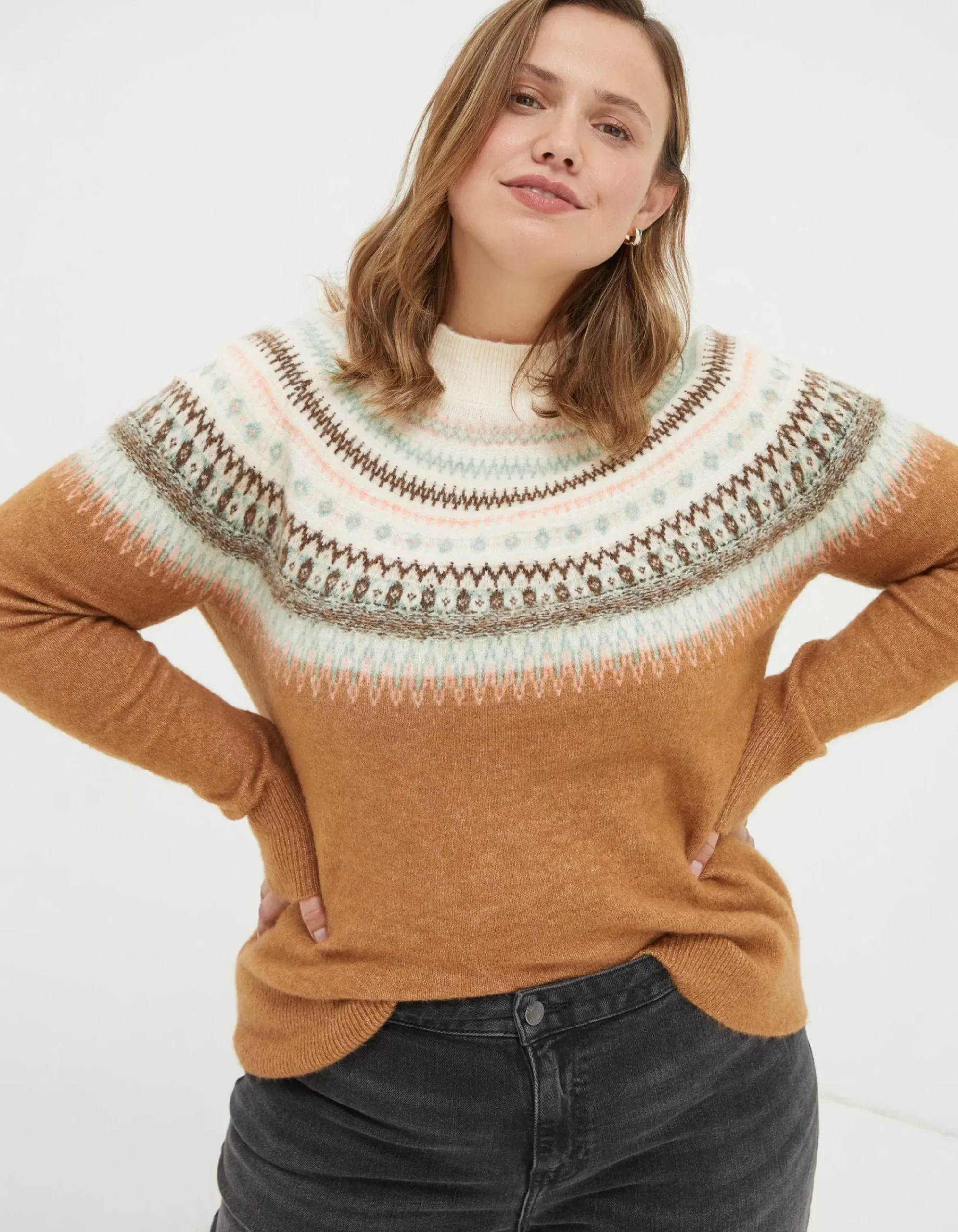 FatFace Bea Yoke Fairisle Jumper Brown Sale