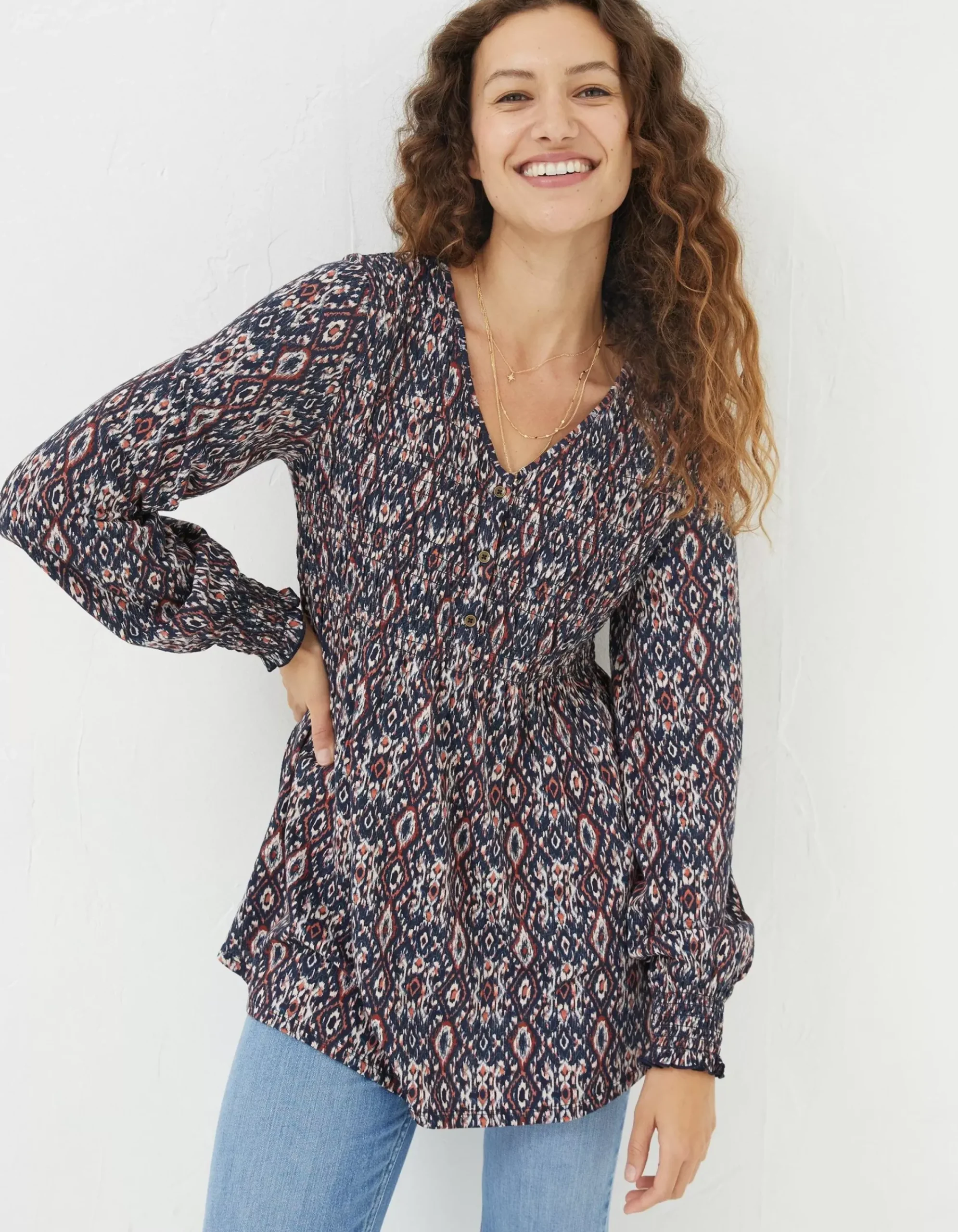 FatFace Beth Ikat Geo Tunic Chestnut Brown Sale