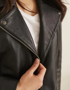FatFace Bethany Biker Leather Jacket Black Outlet