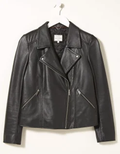 FatFace Bethany Biker Leather Jacket Black Outlet