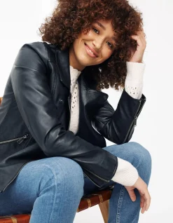 FatFace Bethany Biker Leather Jacket Black New