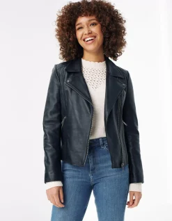 FatFace Bethany Biker Leather Jacket Black New