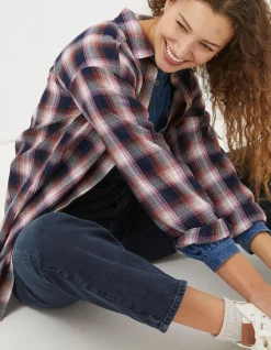FatFace Billie Longline Check Shirt Navy Discount