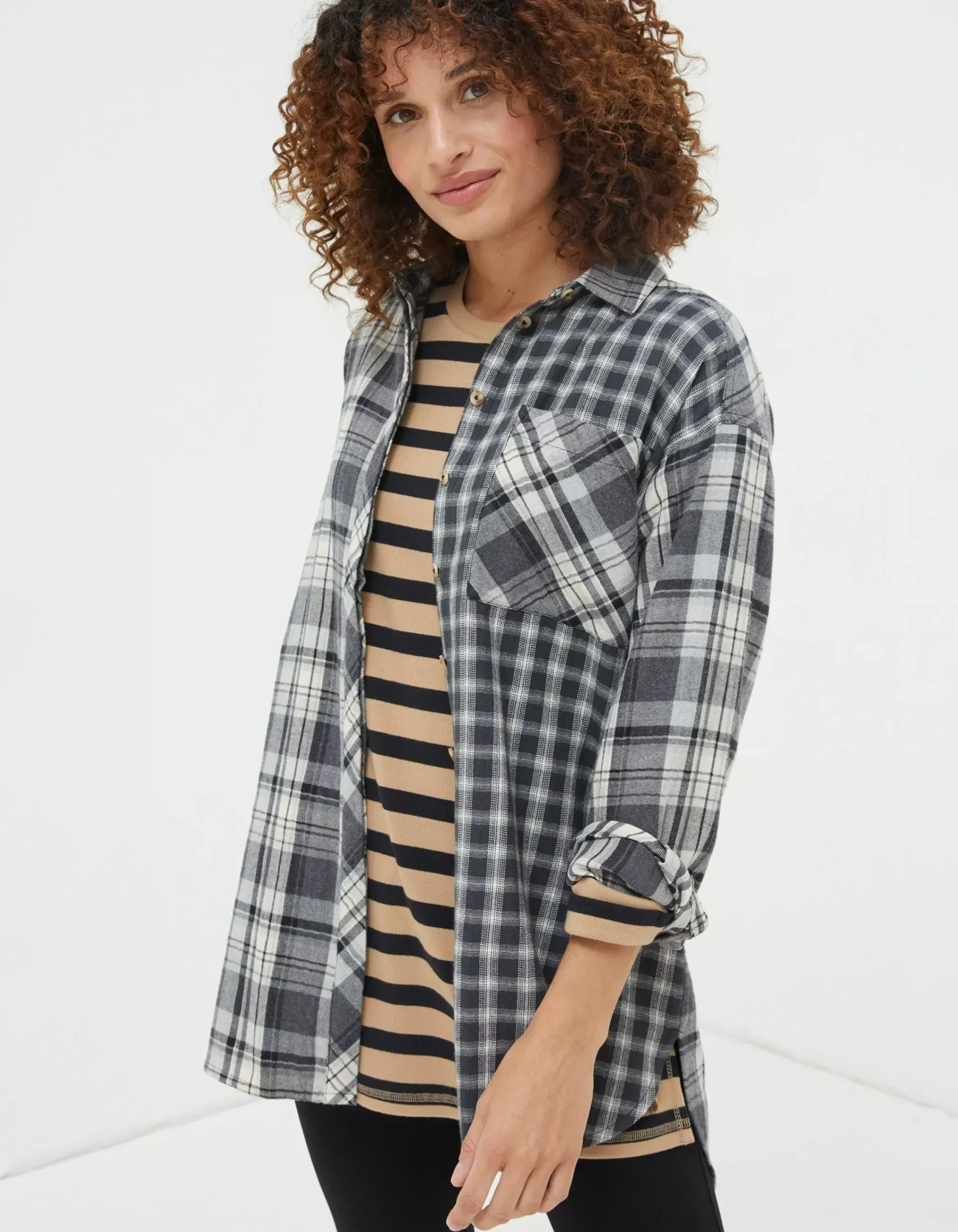FatFace Billie Longline Check Shirt Dark Grey Discount