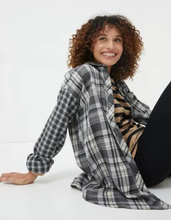 FatFace Billie Longline Check Shirt Dark Grey Discount
