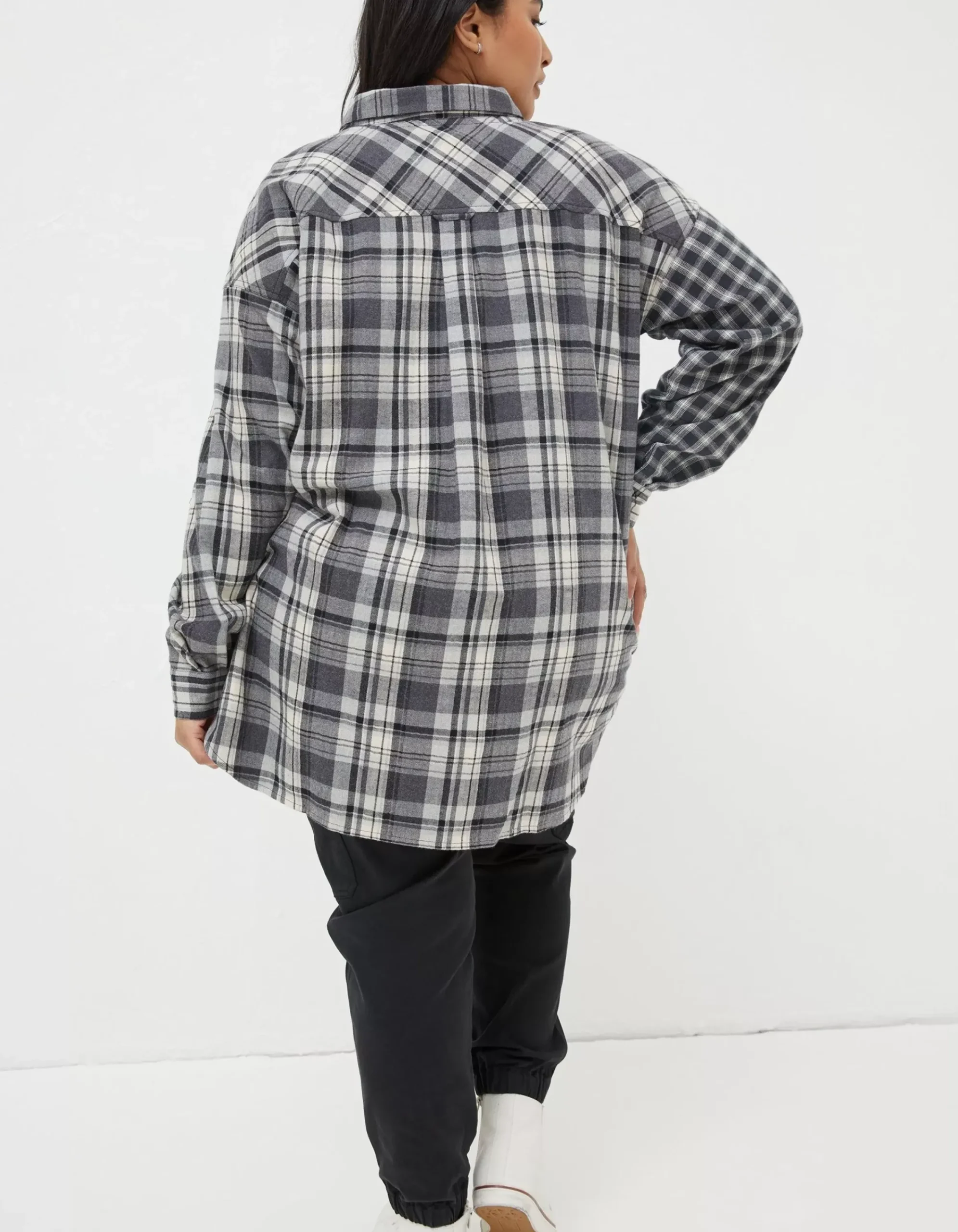 FatFace Billie Longline Check Shirt Dark Grey Discount