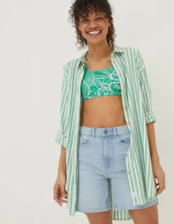 FatFace Billie Stripe Longline Shirt Bright Green Discount