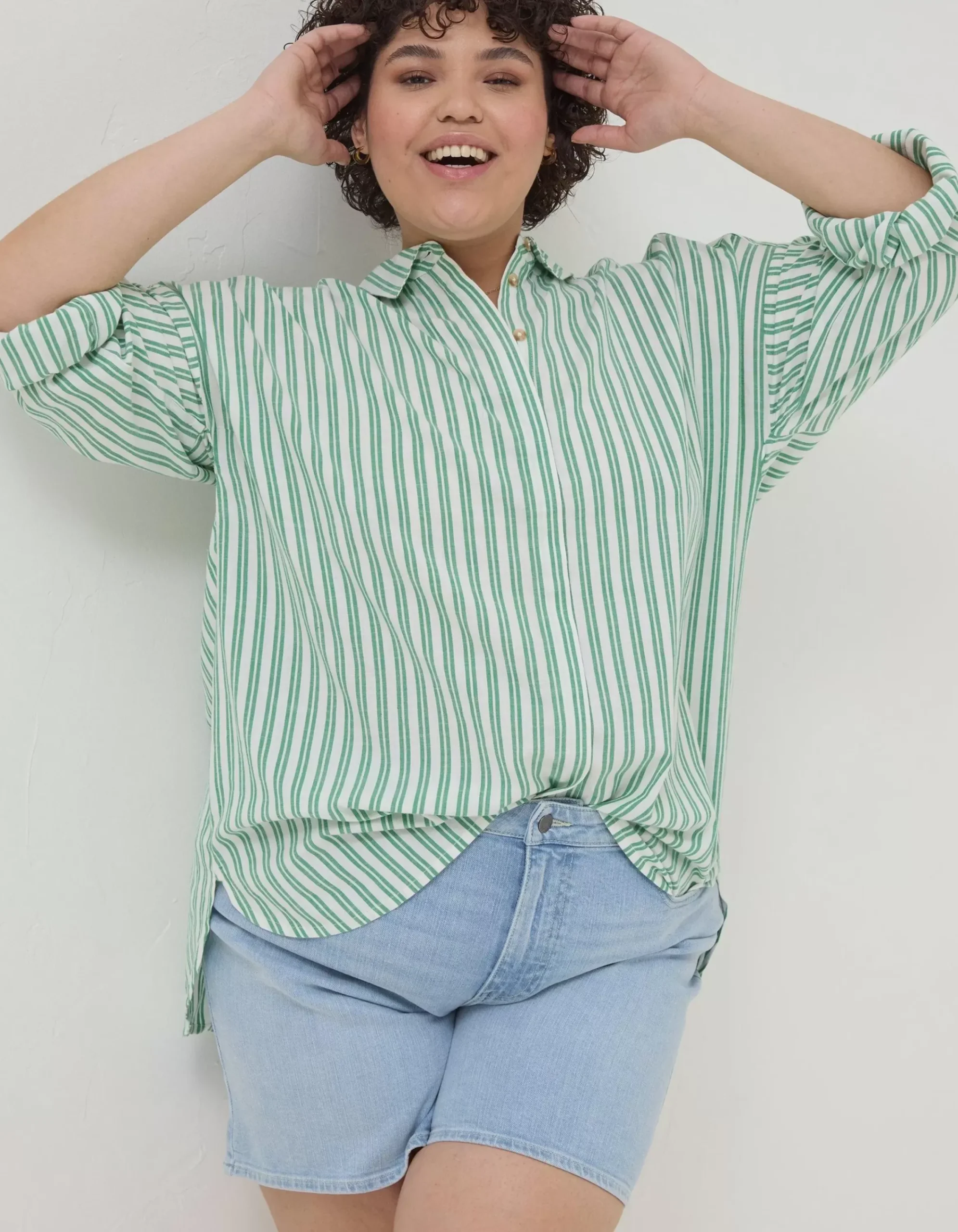 FatFace Billie Stripe Longline Shirt Bright Green Discount