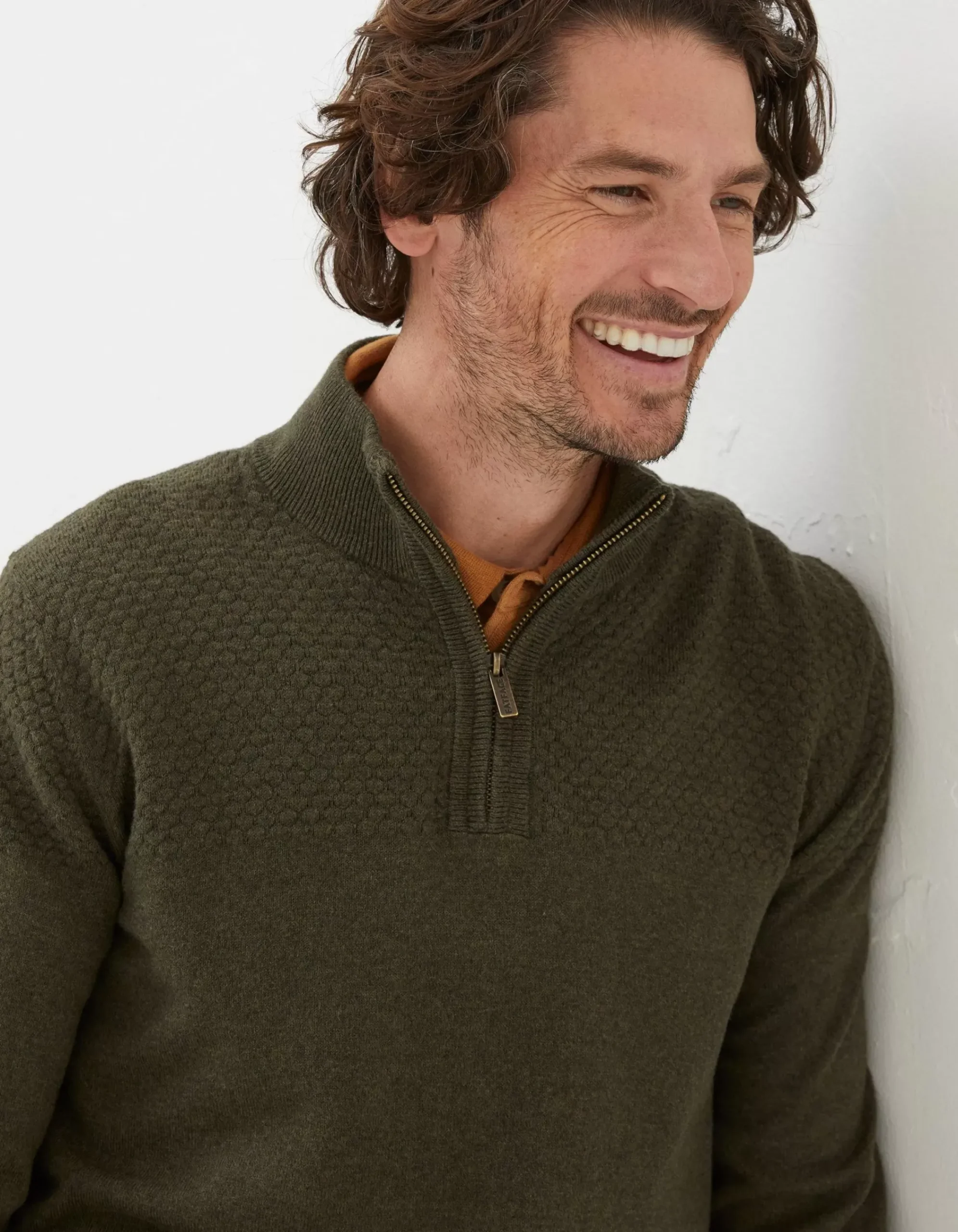 FatFace Braunton Textured Half Neck Khaki Green Online