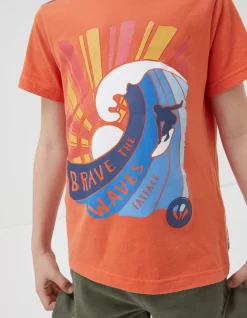 FatFace Brave The Waves Graphic T-Shirt Orange Discount
