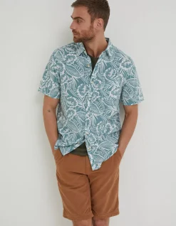 FatFace Bugle Palm Print Shirt Teal Green Sale