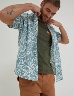 FatFace Bugle Palm Print Shirt Teal Green Sale