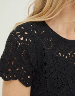 FatFace Carrie Crochet Top Black Best