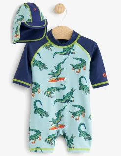 FatFace Carter Crocodile Surf Suit And Hat Set Light Sage Sale