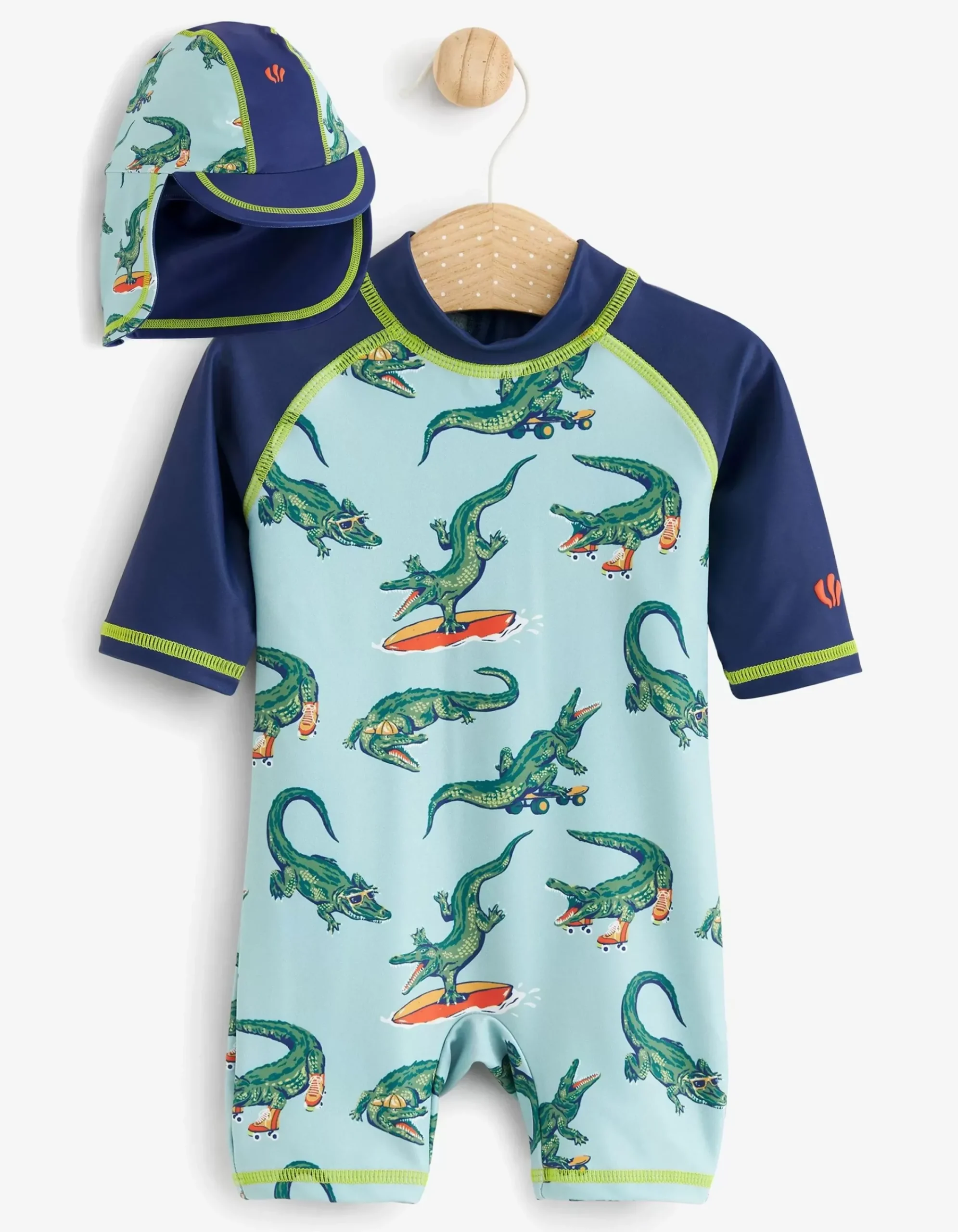 FatFace Carter Crocodile Surf Suit And Hat Set Light Sage Sale