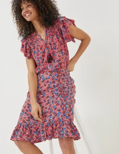 FatFace Cece Woodblock Meadow Skirt Tomato Red Clearance