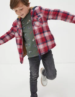FatFace Check Hooded Shacket Cherry Red Sale