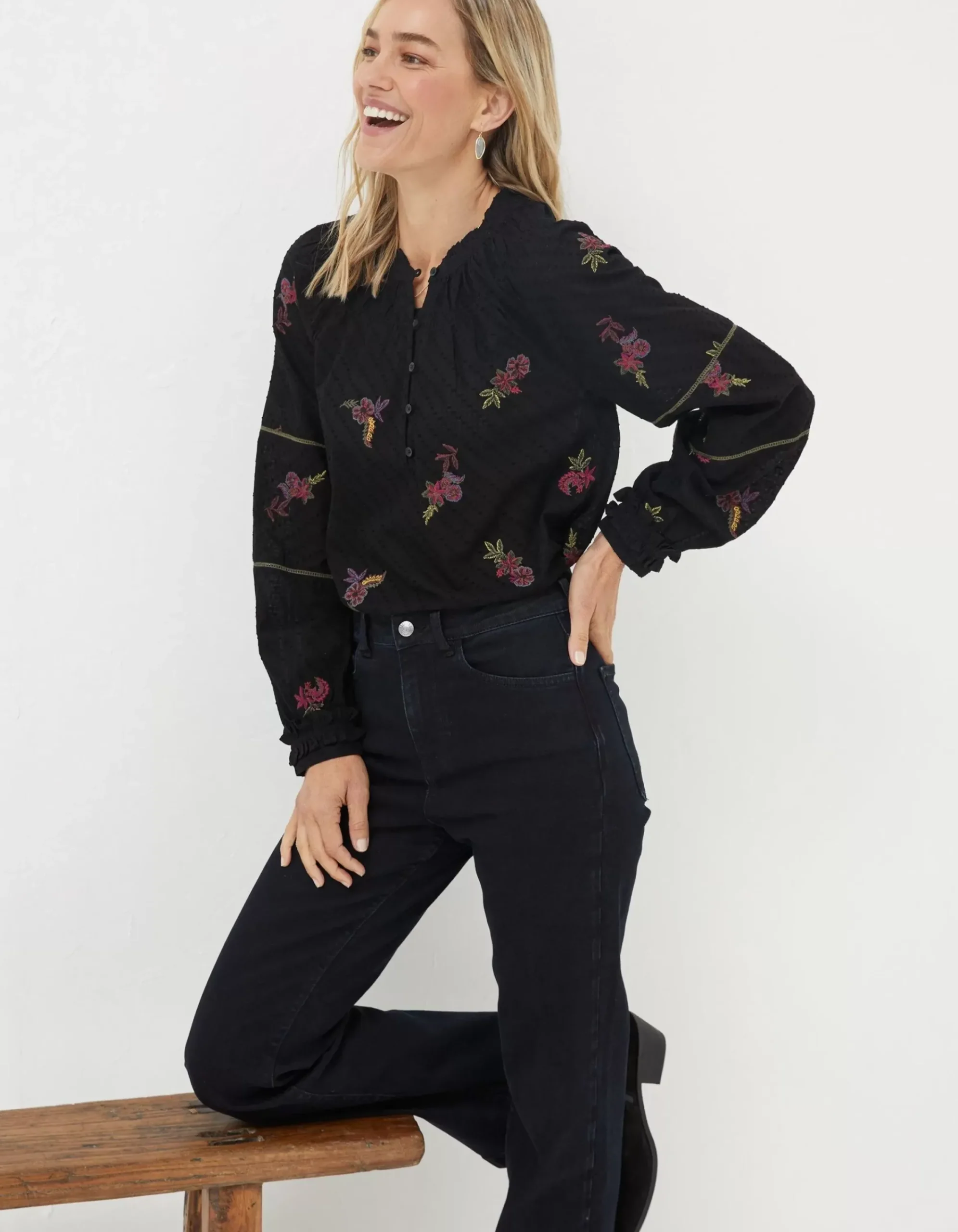 FatFace Chessie Embroidered Blouse Black Online