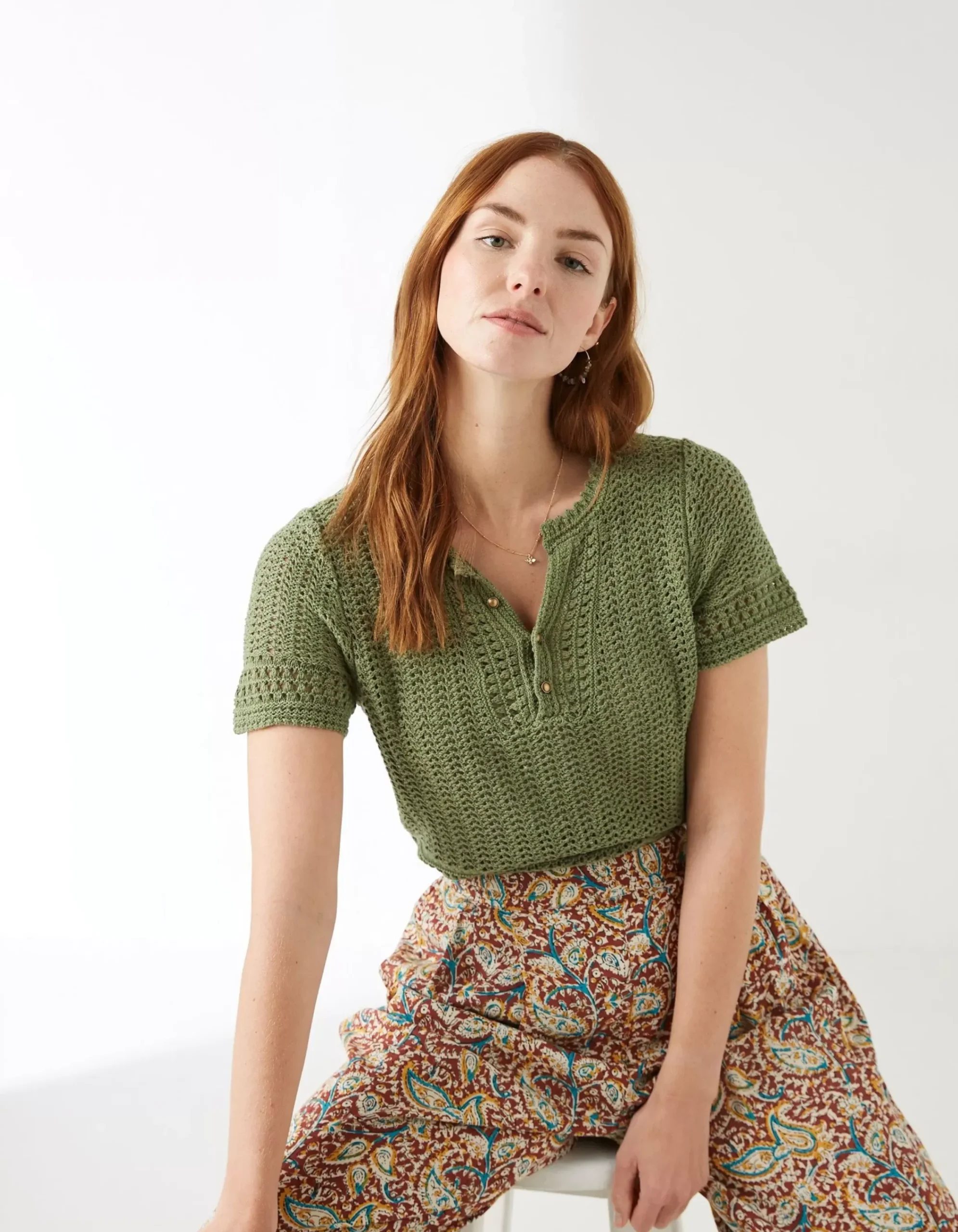 FatFace Clara Crochet Top Mid Green
