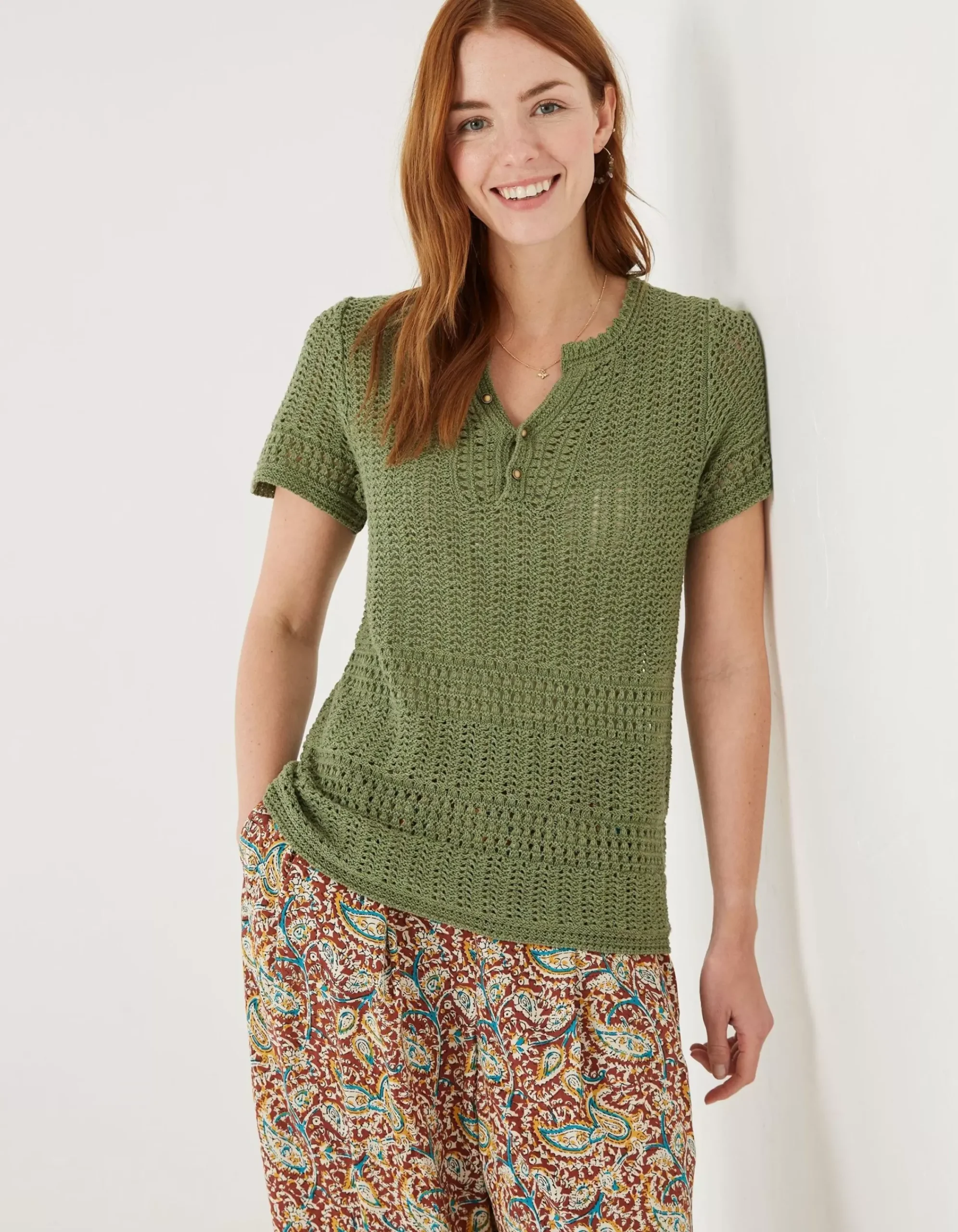 FatFace Clara Crochet Top Mid Green