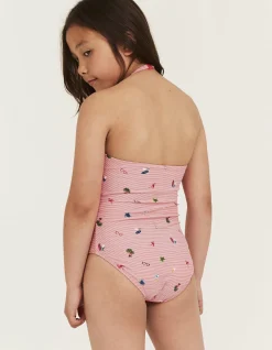 FatFace Conversational Stripe Swimsuit Sunny Coral Clearance