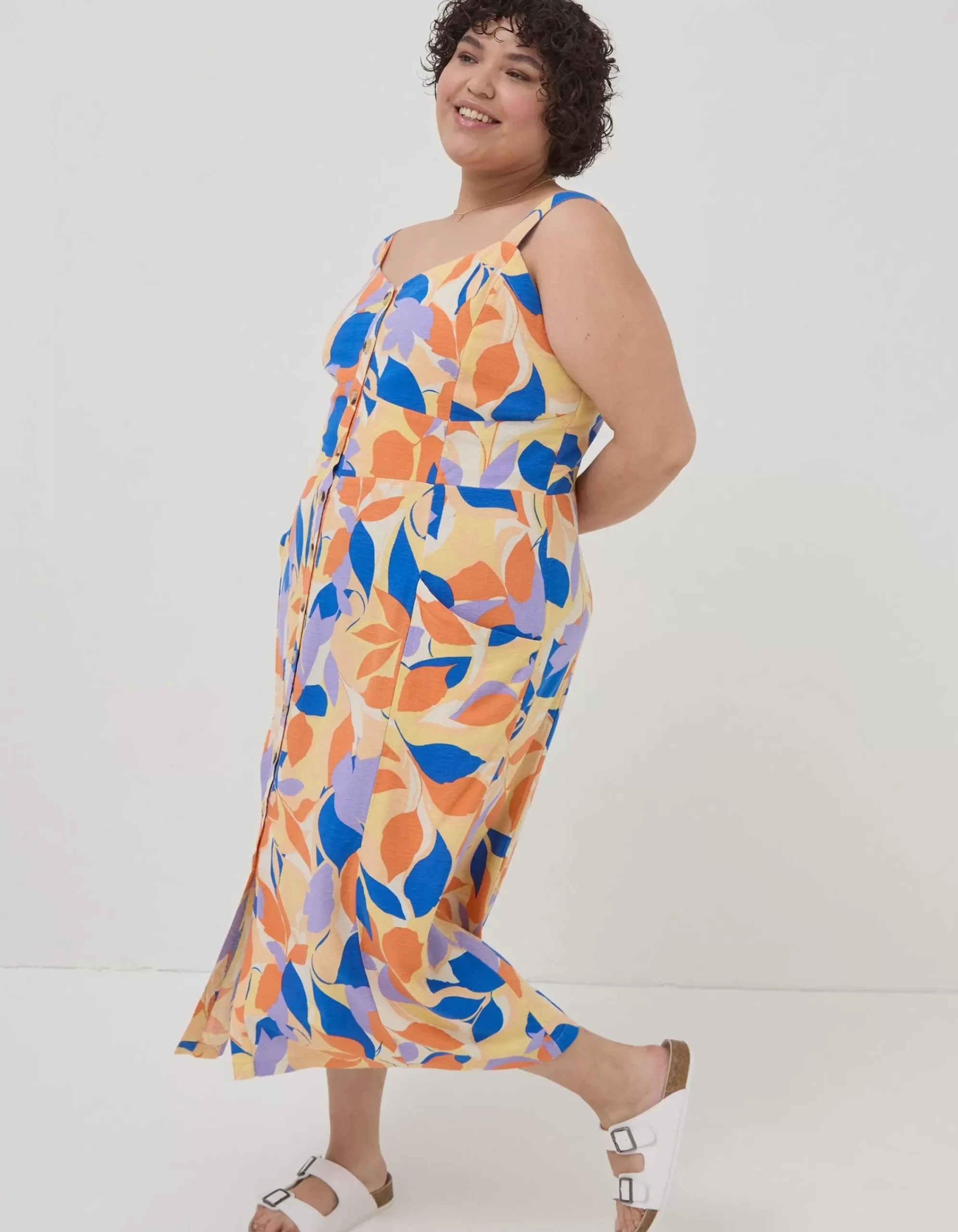 FatFace Corey Stencil Floral Midi Dress Light Orange Outlet