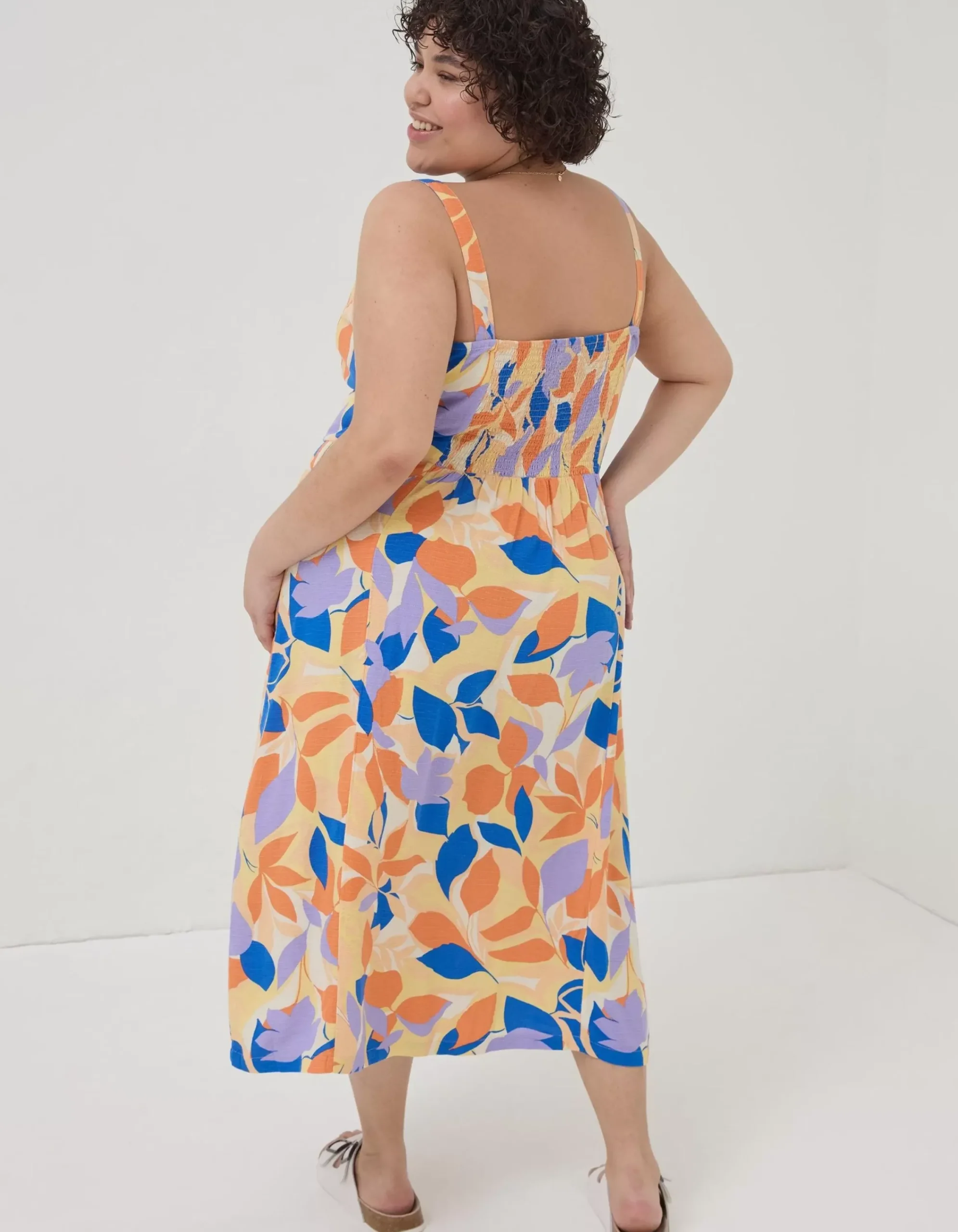 FatFace Corey Stencil Floral Midi Dress Light Orange Outlet