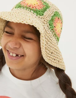 FatFace Crochet Straw Hat Natural Outlet