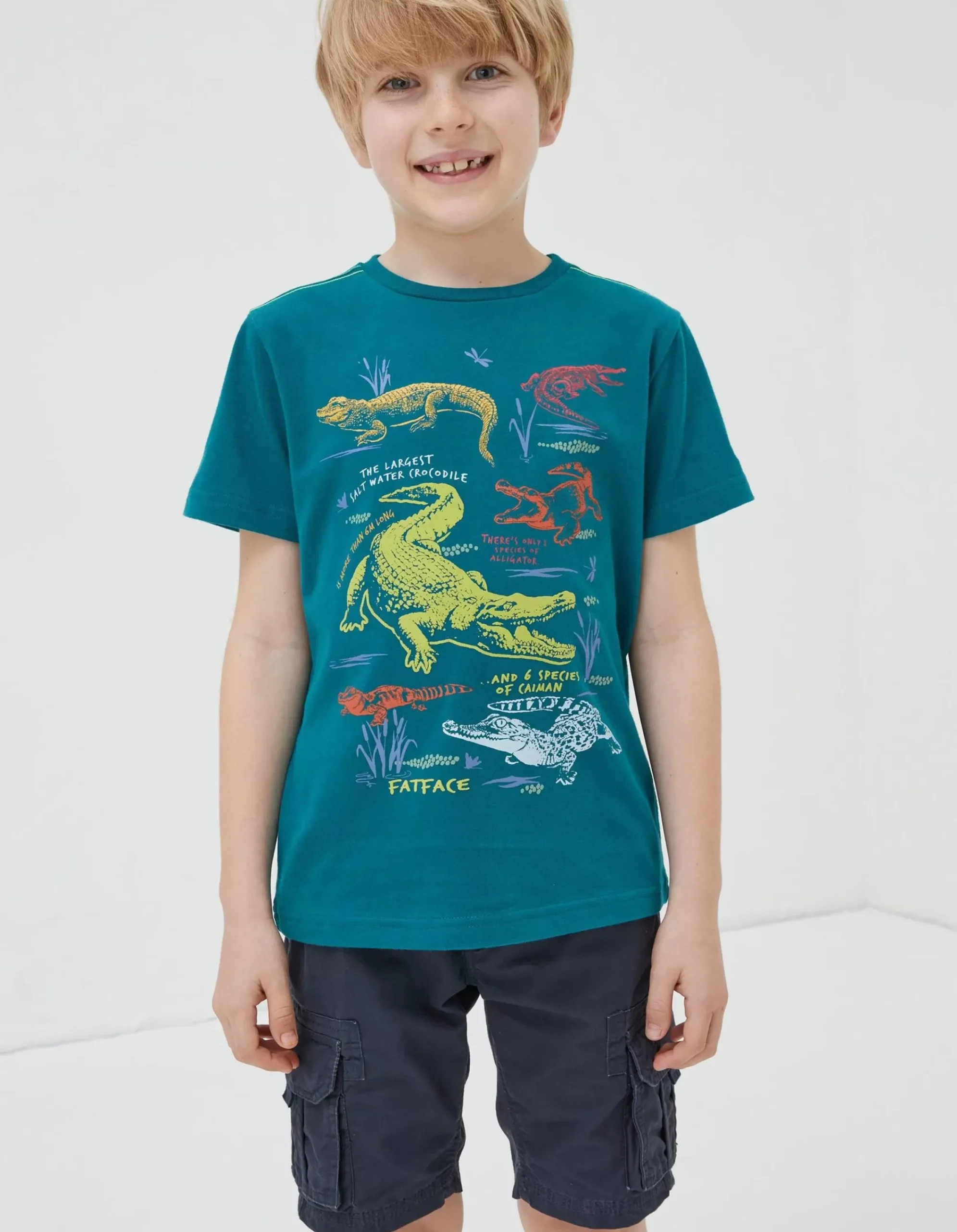 FatFace Crocodile Info Jersey T Shirt Teal Green Sale