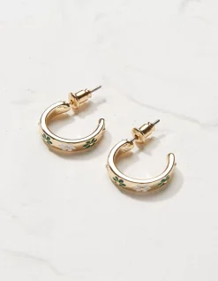 FatFace Daisy Enamel Hoop Earrings Green Clearance