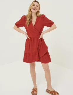 FatFace Danica Jersey Wrap Dress Rust Red Clearance