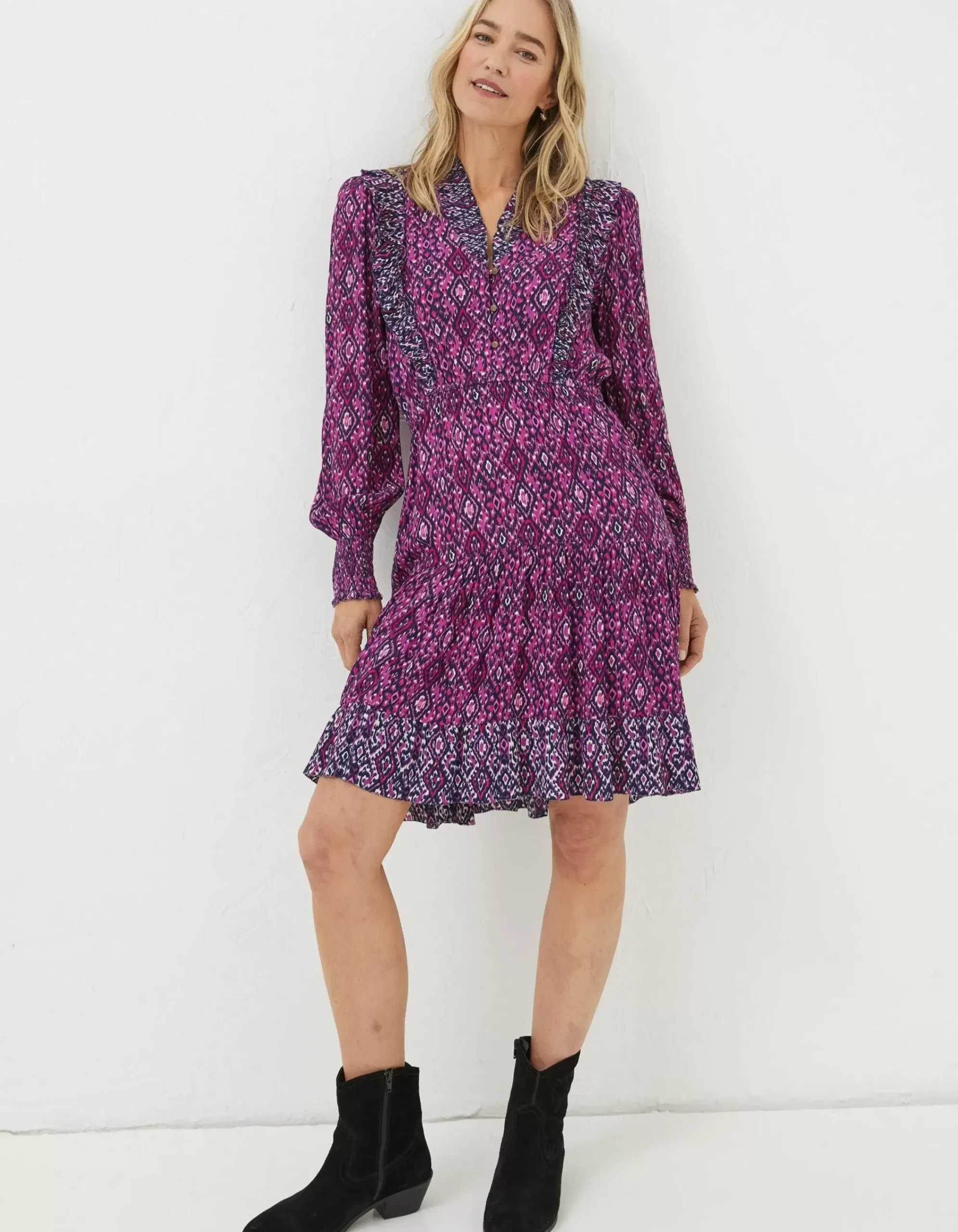 FatFace Darcey Ikat Geo Dress Bright Pnk