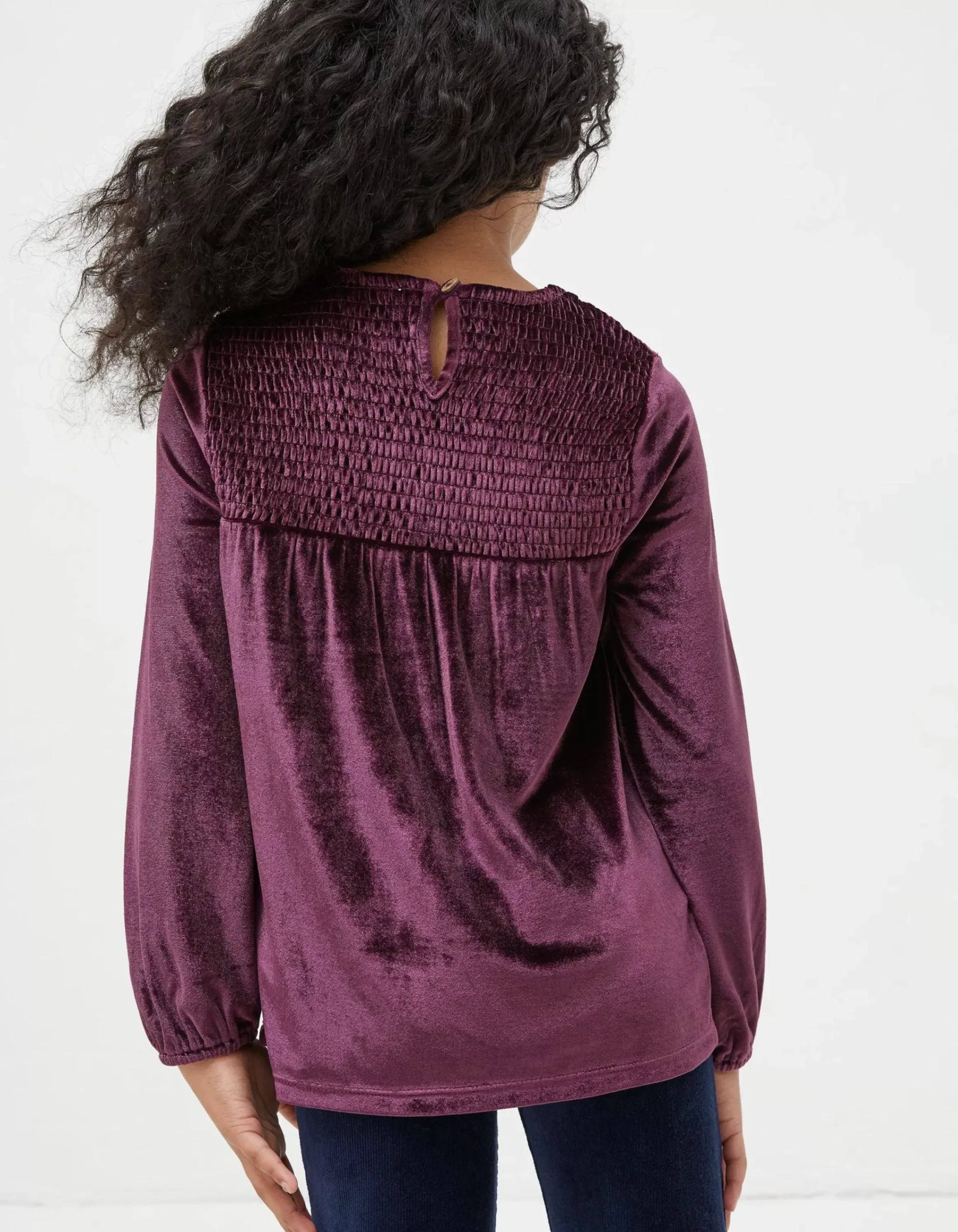 FatFace Darcey Velvet Smocked Top Plum Hot