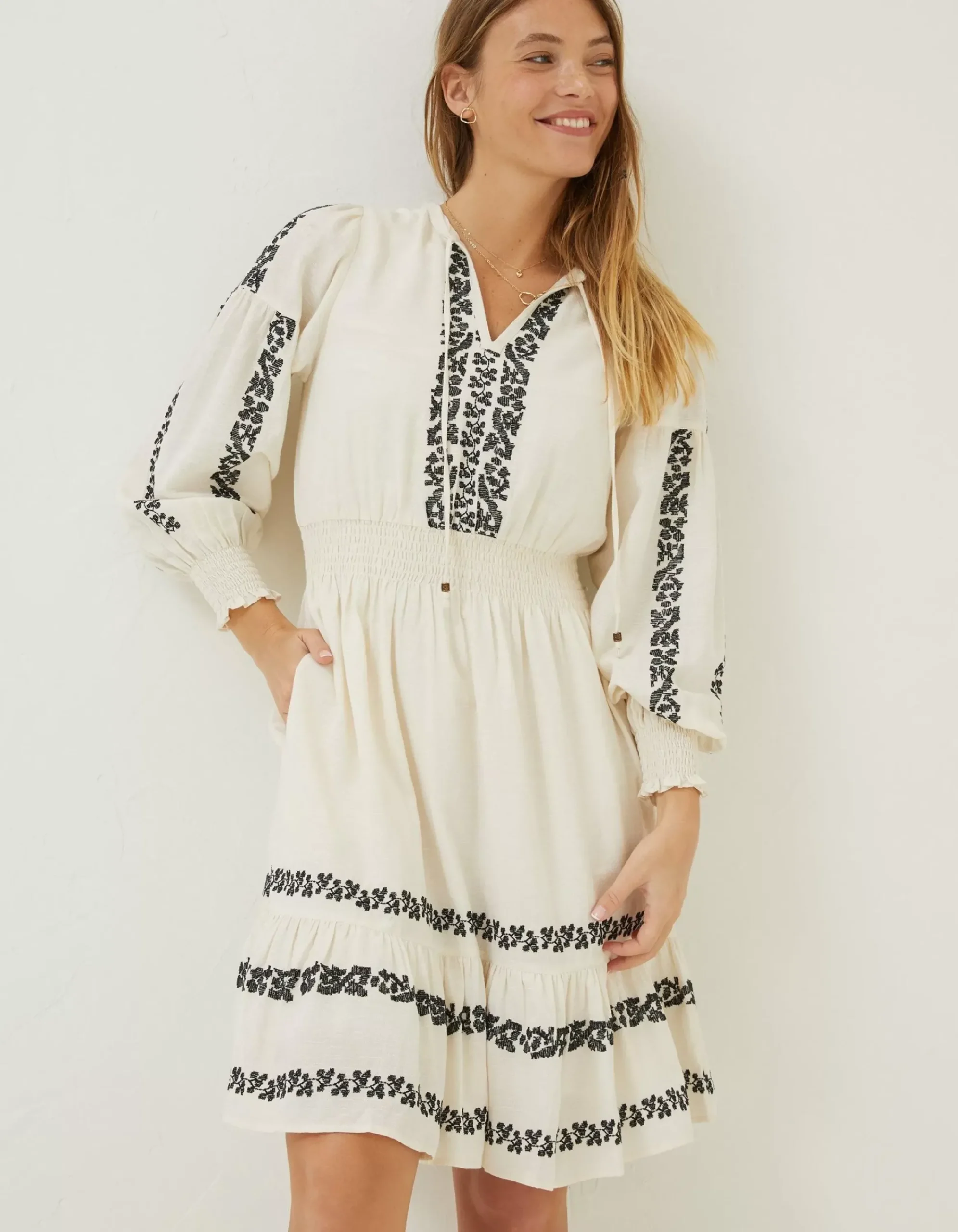 FatFace Devin Embroidered Dress Ivory New