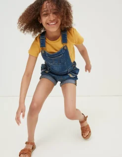 FatFace Embroidered Shortie Dungarees Denim Blue Hot
