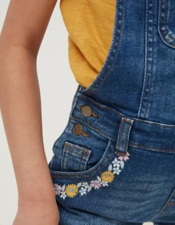 FatFace Embroidered Shortie Dungarees Denim Blue Hot