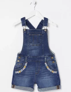 FatFace Embroidered Shortie Dungarees Denim Blue Hot