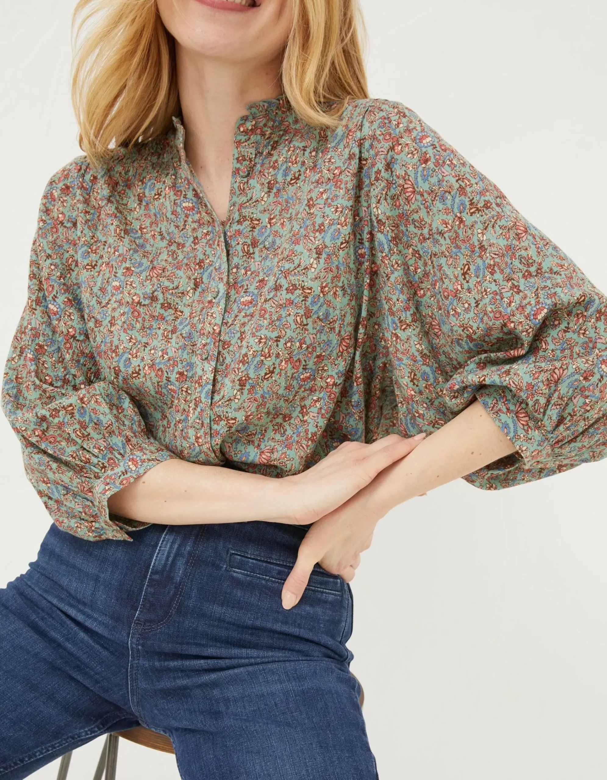 FatFace Evelyn Craft Floral Blouse Sage Green