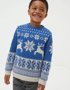 FatFace Family Reindeer Christmas Jumper Cobalt Blue