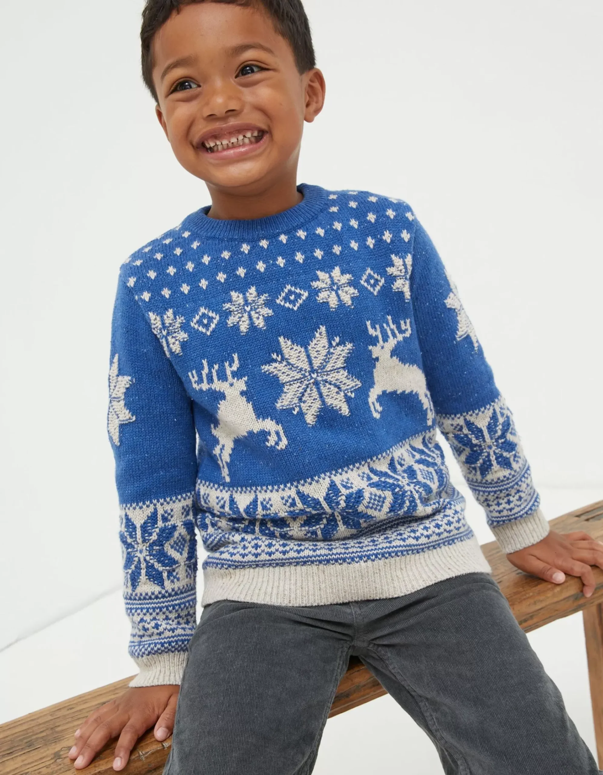 FatFace Family Reindeer Christmas Jumper Cobalt Blue