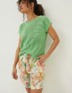 FatFace Faye Palm Button Back Top Bright Green Clearance