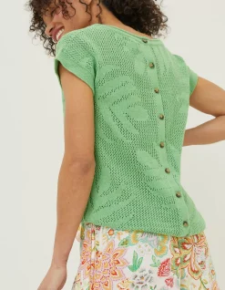 FatFace Faye Palm Button Back Top Bright Green Clearance