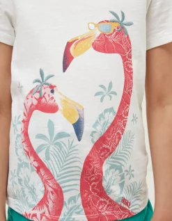 FatFace Flamingo Graphic T Shirt Off White Clearance