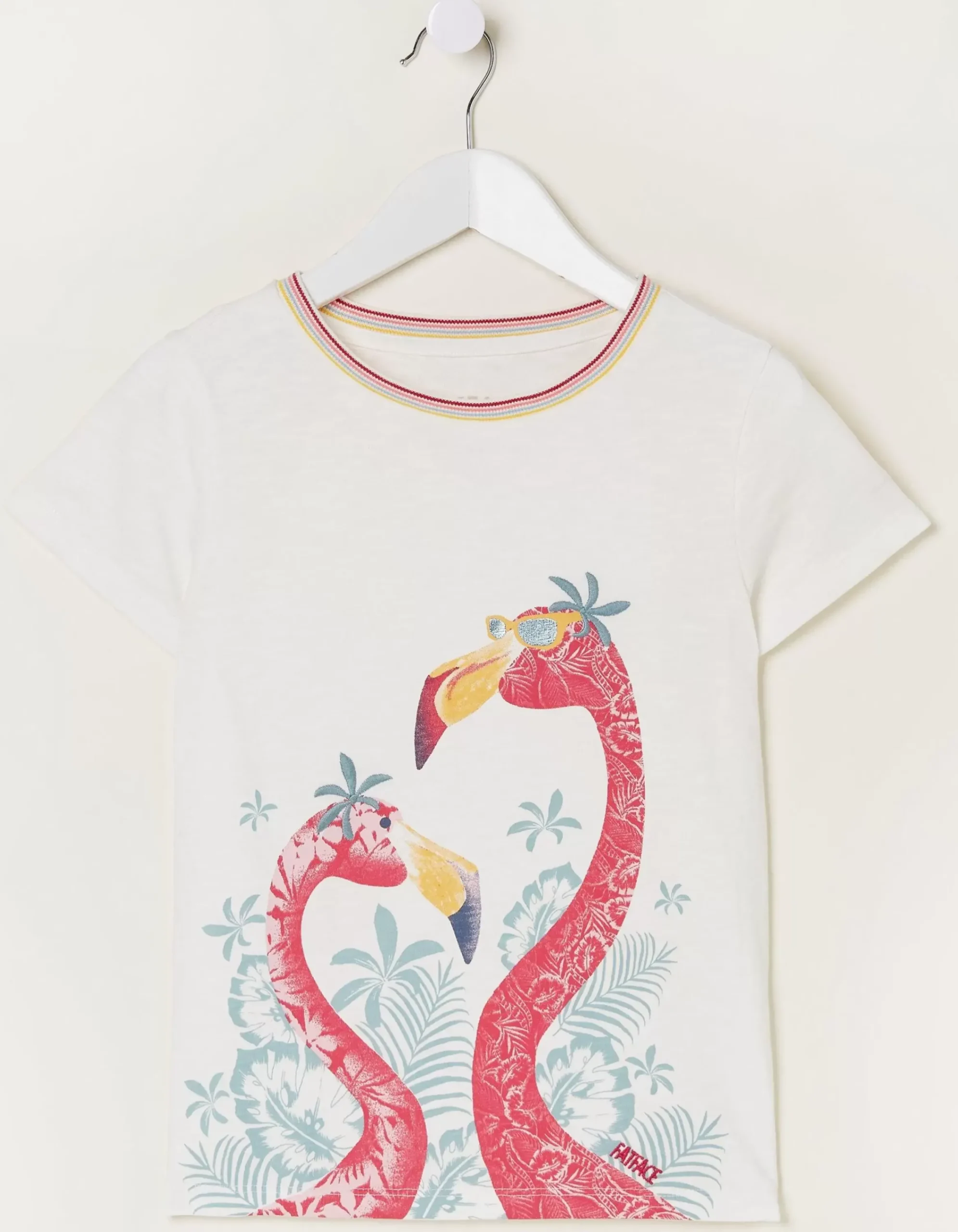 FatFace Flamingo Graphic T Shirt Off White Clearance