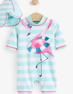 FatFace Flamingo Surf Suit And Hat Set Blue New